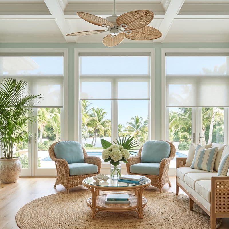 Roller shades in a sunroom