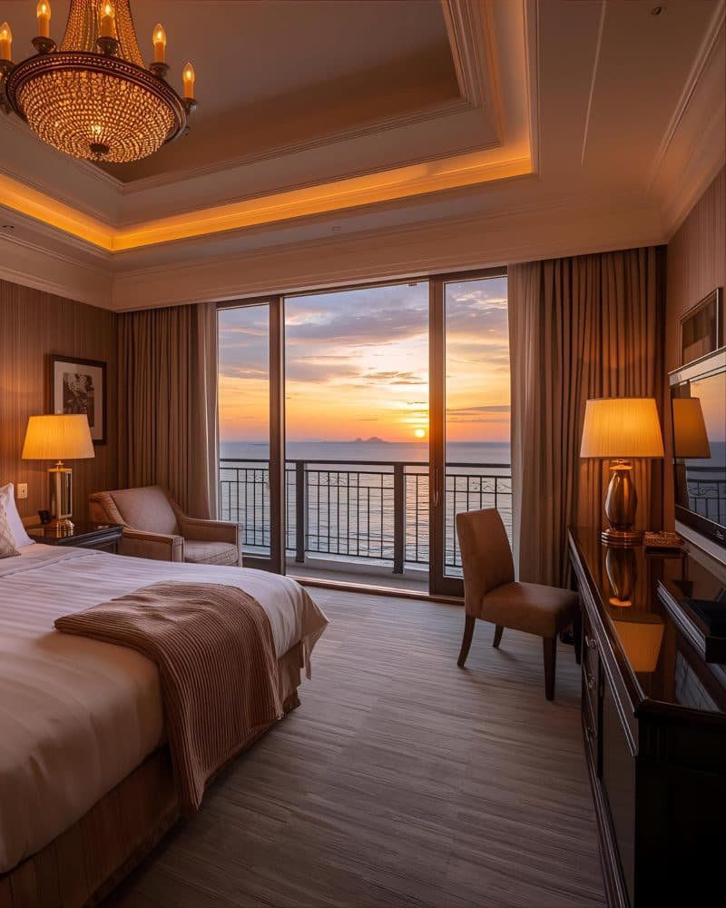 Hotel guest room at sunset